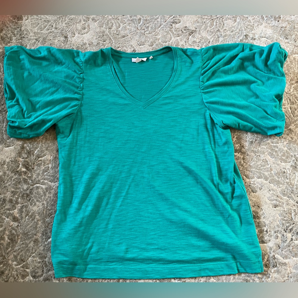 Chico’s women’s balloon sleeve top size L, green , EUC, relaxed fit, v neck